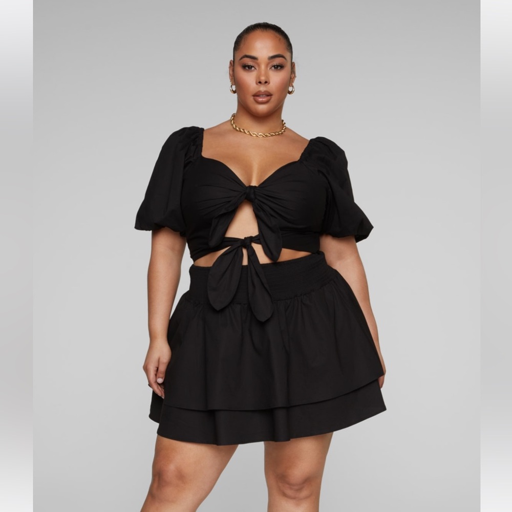 Fashion to Figure Black Tie-Front Puff Sleeve Crop Top & Skirt Set
